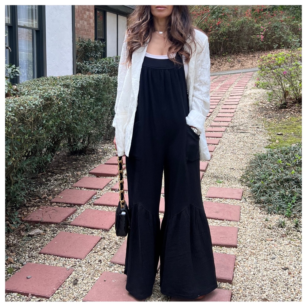 07 Boho wide leg cotton Gauze Jumpsuit with pockets and adjustable straps - Picture 3 of 6